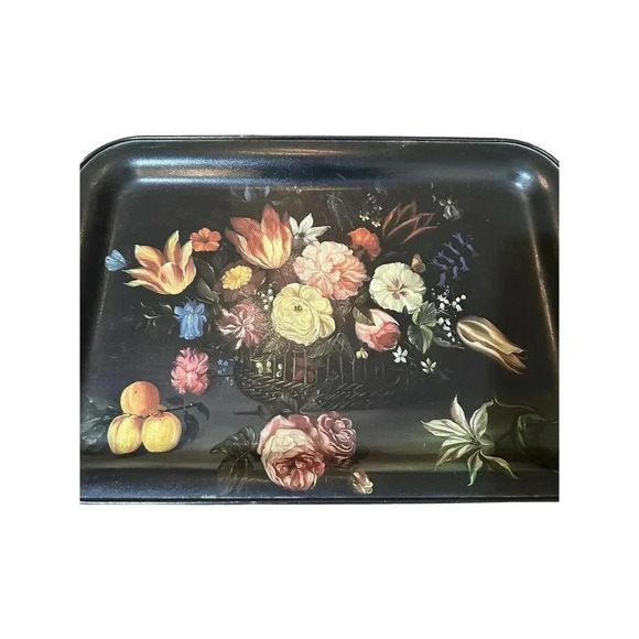 Vintage Metal Tray Black Floral Flowers Breakfast Lap Serving Work‎ Tray - Picture 4 of 6